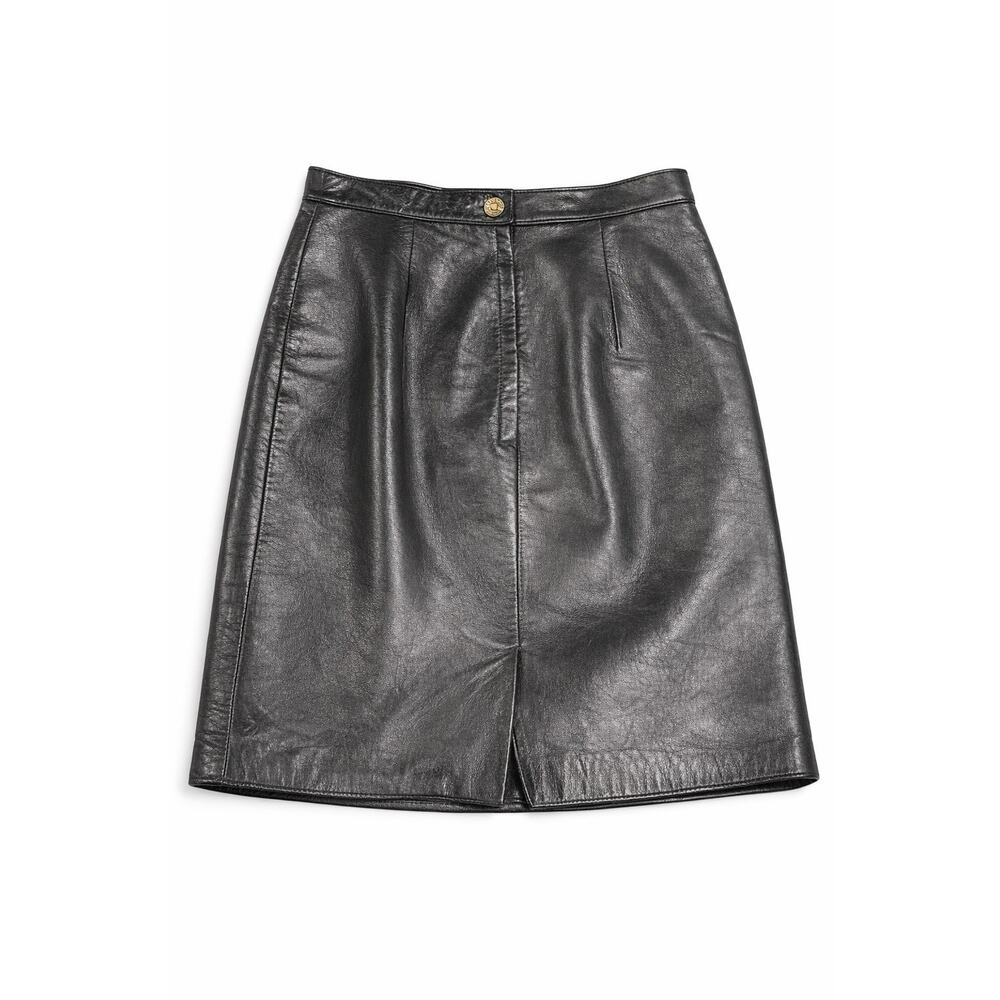 St. John Black Leather Skirt Gold Logo Button Knee Length Luxury Classic VTG